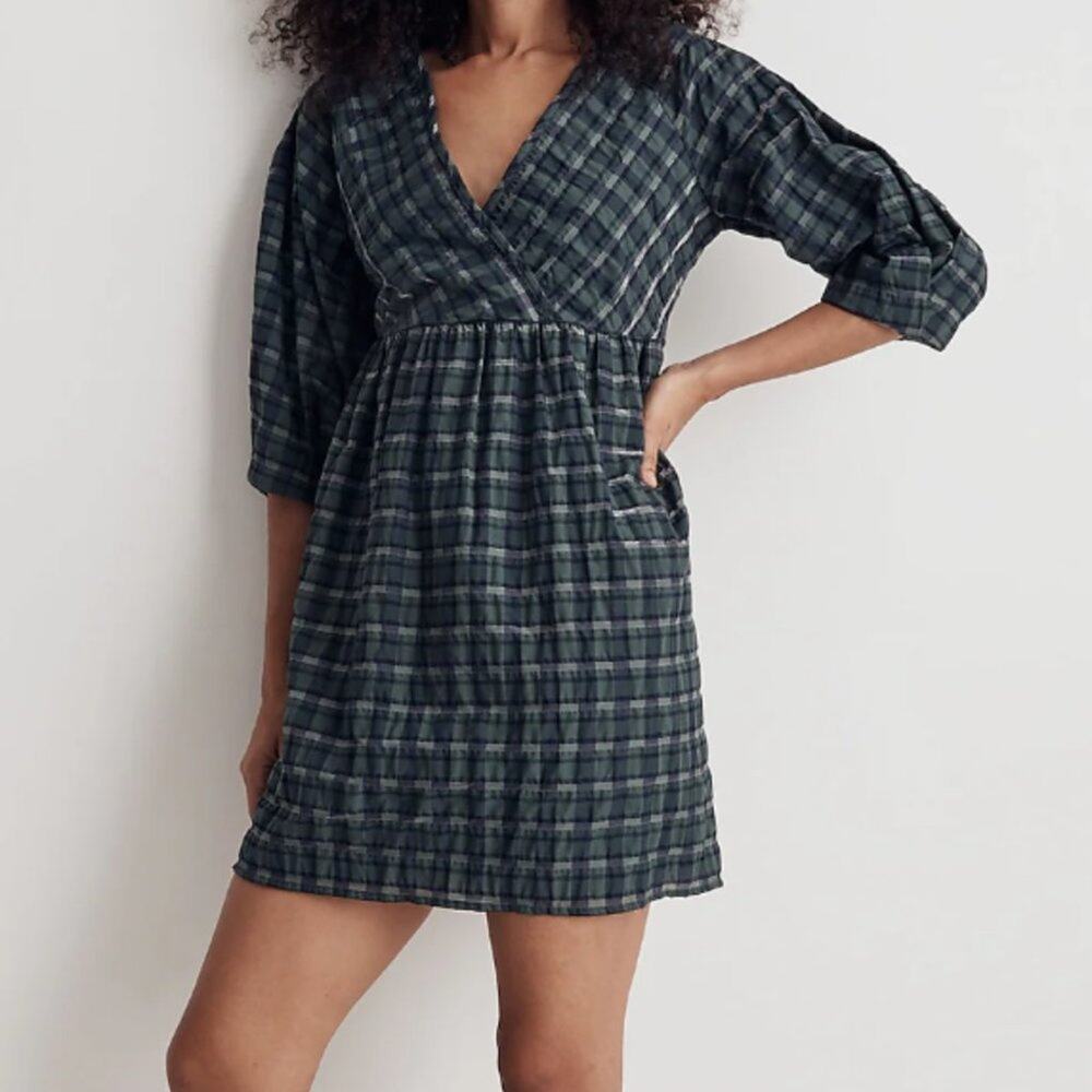 Madewell Marianna puff sleeve green plaid faux wrap mini dress M NEW